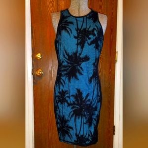 Blue and Black Palm Tree Sleeveless Dress
